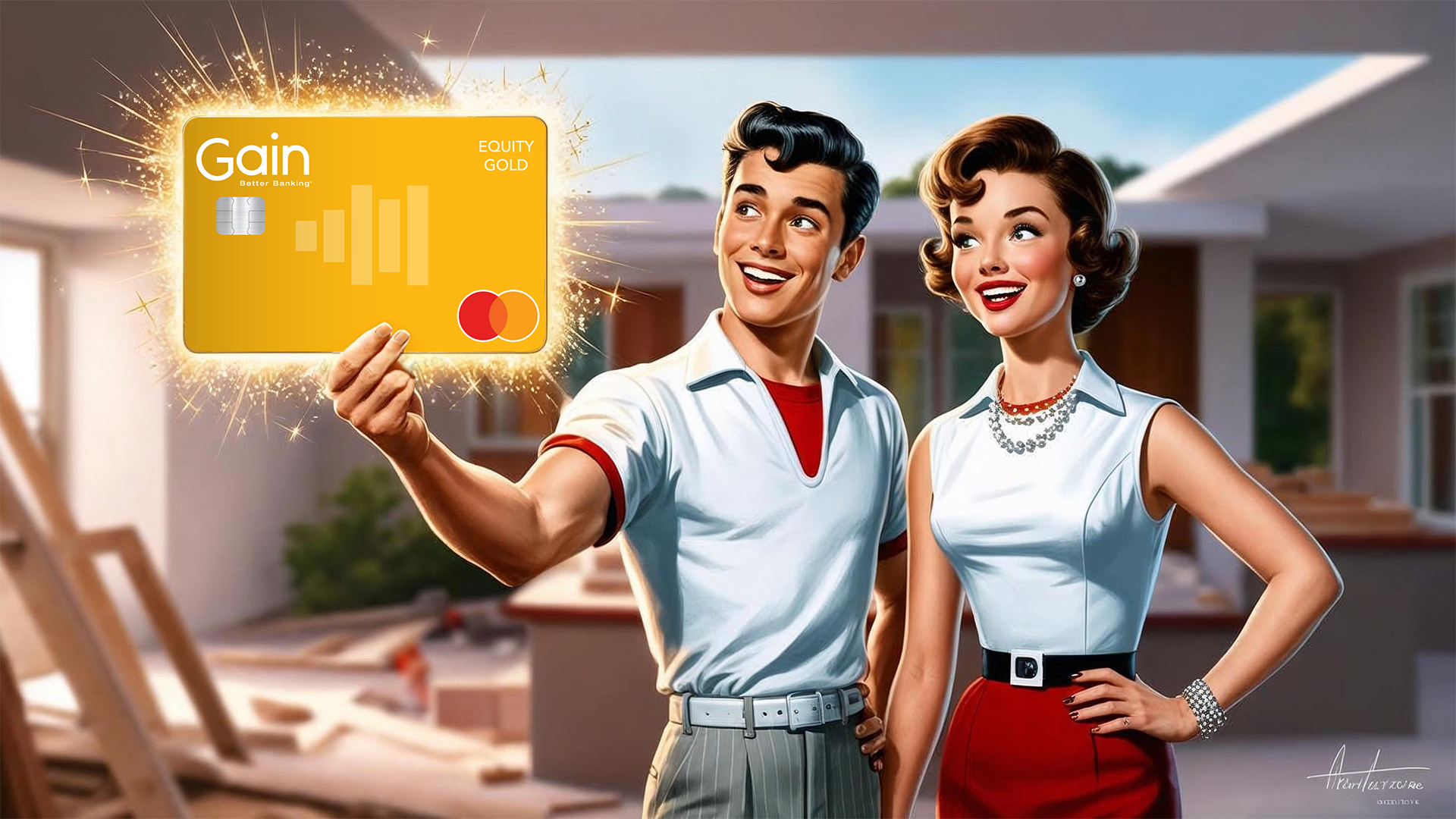 young couple are new home owners with a gain equity gold mastercard(r)